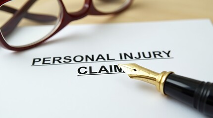 Personal injury claim document with pen and glasses on table