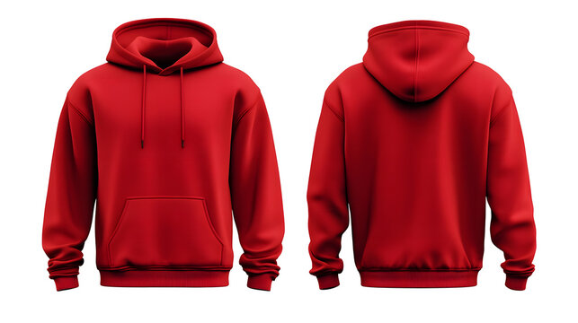 Blank red hoodie in front and back view, mockup, white background,