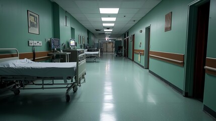 Abandoned hospital rooms with medical equipment scattered, dark and cold atmosphere, visual of societal breakdown