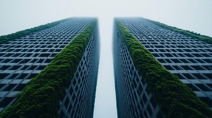 Fototapeta premium Abandoned skyscrapers overgrown with vines, eerie mist, postapocalyptic city, nature reclaiming urban landscape, societal collapse concept