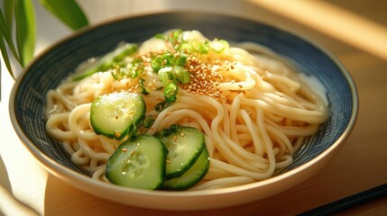 Fresh and Delicious Chilled Noodles with Sliced Cucumbers, Green Onions, and Sesame Seeds Set Against a Warm, Light Background