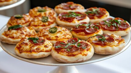 Delicious Array of Mini Pizzas with Cheese, Pepperoni, Fresh Basil Served on a Silver Platter Perfect for Parties and Gatherings