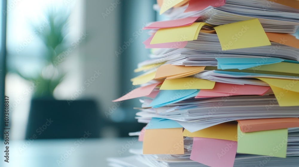 Poster colorful sticky notes on pile of office papers indicating organization and workflow in modern worksp