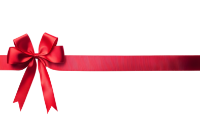 A large red ribbon bow on the left of a long straight piece of ribbon and a vertical piece to be used as a border for a birthday or Christmas banner, border isolated against a transparent background