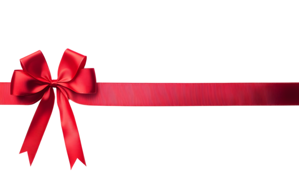 A large red ribbon bow on the left of a long straight piece of ribbon and a vertical piece to be used as a border for a birthday or Christmas banner, border isolated against a transparent background
