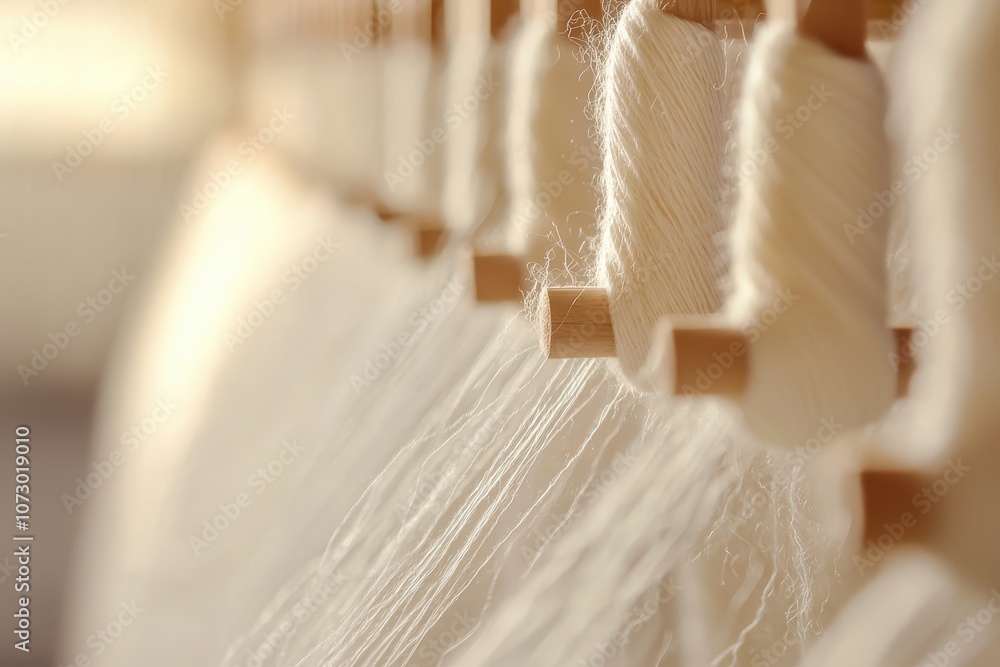 Poster close-up of white threads on a wooden spool in a softly lit studio highlighting the art of weaving a