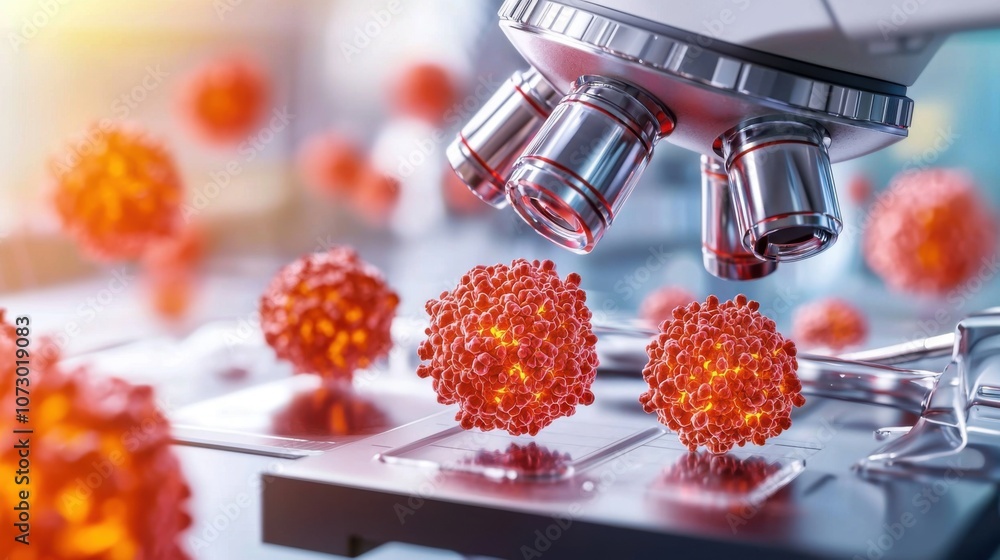 Poster close-up view of cancer cells under a microscope in a bright laboratory setting at 6x magnification,