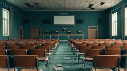 Empty lecture halls covered in dust, broken projectors, symbolizing lost education, themes of societal collapse
