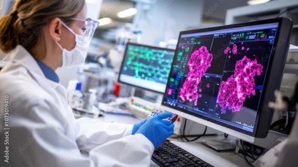 Poster high resolution analysis of cancer cells on a screen in laboratory setting with scientist in white l