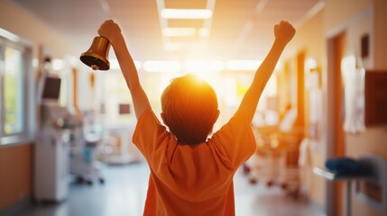 Celebrating the End of Cancer Therapy with a Ringing Bell in a Sunlit Hospital Room, Symbolizing Hope and Triumph for Young Patients