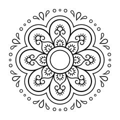 Circular pattern in form of mandala with flower for Henna, Mehndi, tattoo, decoration. Decorative ornament in ethnic oriental style. Outline doodle hand draw vector illustration.
