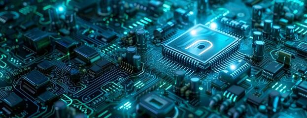 Cyber security Concept of data security lock over a digital background, circuit boards, cyber defense technology .
