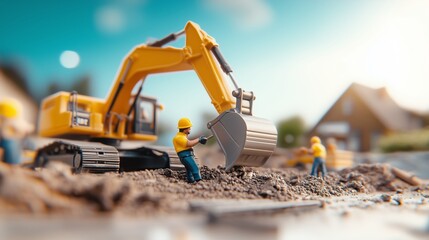 Obraz premium Miniature Construction Scene with Yellow Excavator and Toy Workers in Safety Helmets Digging Dirt on Residential Site under Blue Sky