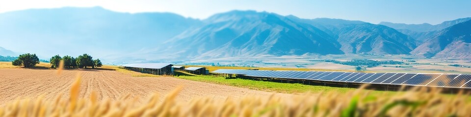 Fototapeta premium Solar panels in field with mountains, blue sky.