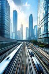 Busy train tracks in modern city with skyscrapers and blue sky