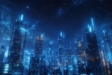 Futuristic cityscape with neon lights under starry sky
