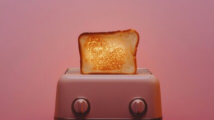 A golden-brown slice of toast pops up from a modern toaster against a soft pink background