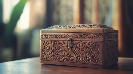 Ornate Wooden Box with Intricate Carvings