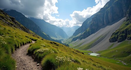 Fototapeta premium Towering peaks, verdant valleys, and dramatic skies in Picos de Europa National Park, Spain, captured in natural light, highlighting the beauty of the Spanish mountains.