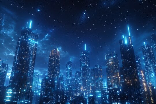 Fototapeta Futuristic cityscape with neon lights under starry sky