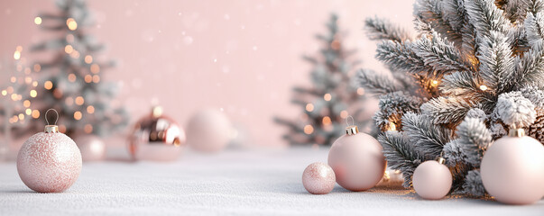 New Year and Christmas decorations, balls and xmas tree on pink background, generated ai 