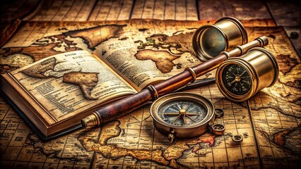 Antique Product Photography Featuring an Open Book with a World Map, Brass Telescope, Compass, and Vintage Style Map for Exploration and Adventure Themes