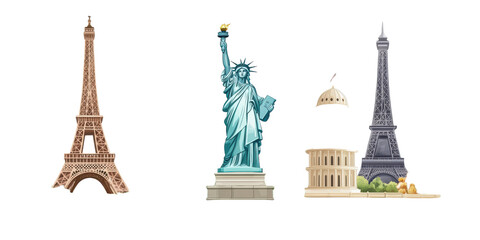 Eiffel Tower  Statue of Liberty  and Colosseum Landmark Illustration  on transparent background