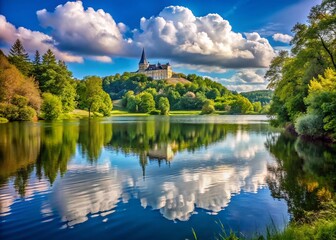 Obraz premium A Panoramic View of a Serene Lake Surrounded by Lush Green Trees with a Majestic Castle in the Distance Under a Clear Blue Sky and a Single Fluffy White Cloud
