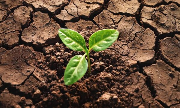 Young Green Plant Growing in Dry Cracked Soil Symbolizing Hope and Resilience in Harsh Conditions
