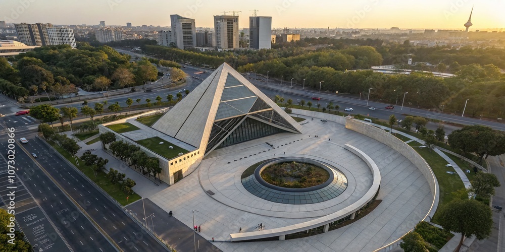Poster architectural photography of a geometric structure featuring a triangle enclosed within a circle, sh