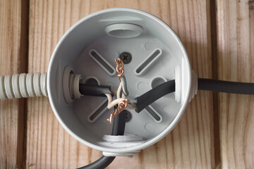 Electricity wire junction box, twisted wires close up.