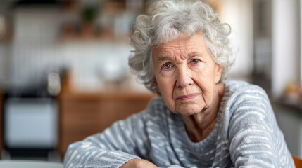 An elderly woman with gray curly hair gazes thoughtfully towards the camera while seated at a table. The warm, inviting kitchen in the background showcases wooden cabinets and soft lighting,