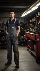 A young mechanic stands confidently in a well-lit workshop full of tools and vehicles, showcasing dedication to his craft. Generative AI