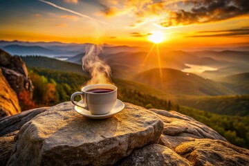A Serene Sunset: A Cup of Coffee on a Rock with Majestic Mountains in the Background, Perfectly Captured in Low Light Photography