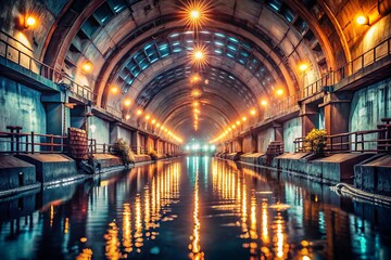 Vintage Soviet Cold War Submarine Base and Repair Facility with Bokeh Effect in a Lit Water Passage, Showcasing the Intricate Architecture of a Subterranean Naval Shelter