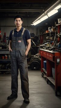 A young mechanic stands confidently in a well-lit workshop full of tools and vehicles, showcasing dedication to his craft. Generative AI