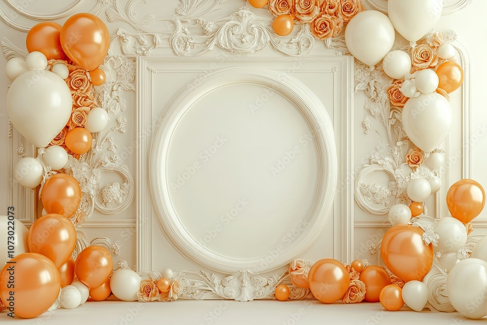 Poster orange and cream elegant balloon decoration with frame arch and round empty space and intricate carv
