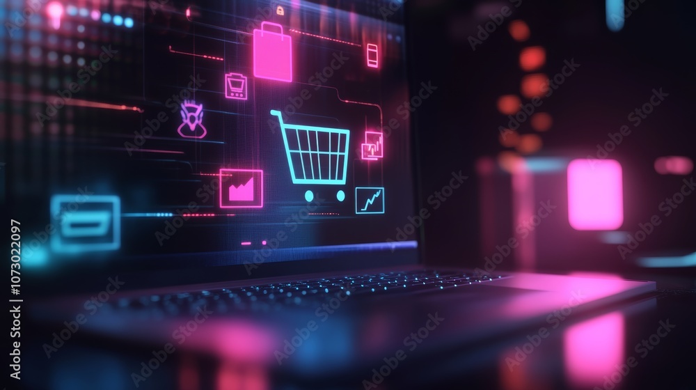 Aufkleber futuristic online shopping interface displaying various icons related to e commerce, payments, and d