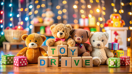 Colorful toy drive setup with teddy bears and holiday lights

