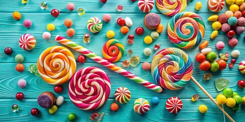 Vintage Style Flat Lay of Colorful Lollipops and Candies on Light Blue Background with Space for Text - Perfect for Sweet Treats and Candy Promotions