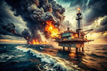 Fototapeta premium Vintage Style Photography of a Dramatic Offshore Platform Fire Drill in the Gulf of Mexico, Showcasing Emergency Response and Safety Measures in Action