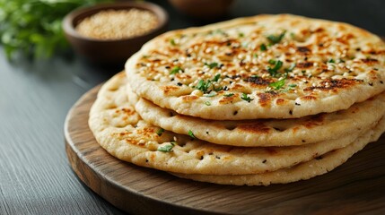 Freshly Baked Naan Bread with Sesame Seeds and Herbs