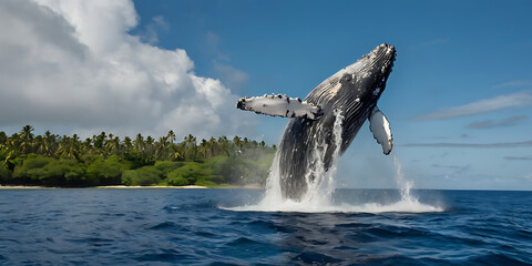 Fototapeta premium whale breach in front of beautiful island with rainbow. created by Generative AI