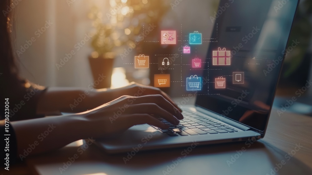 Poster Hands typing on laptop keyboard with colorful shopping icons floating above, representing online shopping and e commerce activities in a warm, ambient light