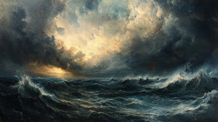 A dramatic seascape painting with a stormy sky and rough waves, the sun breaks through the clouds, casting a golden glow on the water.