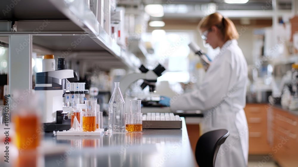 Poster scientists in a research lab analyzing cells under a microscope with equipment and samples on a work