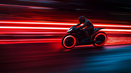Obraz premium A person in a sleek black and red glowing Tron suit riding a red and black light-cycle, leaving a bright red glowing trail. Dynamic motion blur, captured in a wide landscape orientation