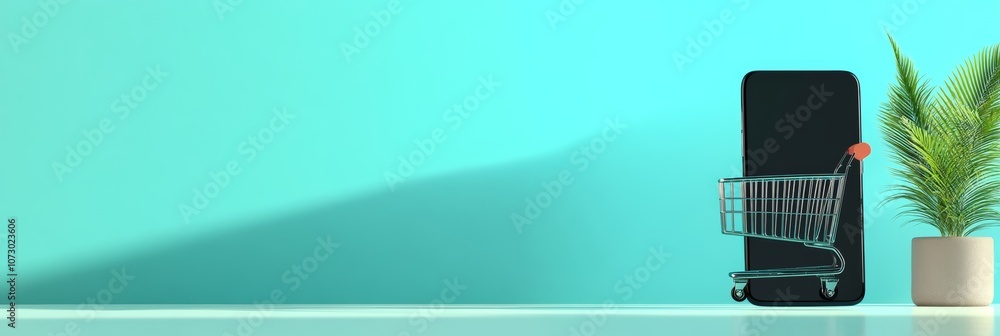 Poster miniature shopping cart leaning on smartphone with blank screen on turquoise background with potted 