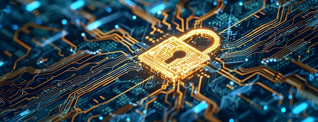 Cyber security Concept of data security lock over a digital background, circuit boards, cyber defense technology .