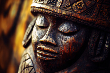 closeup of ancient dark wood carved statue face with ornate details
